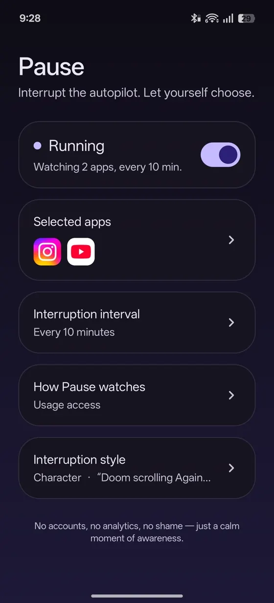 Pause home screen